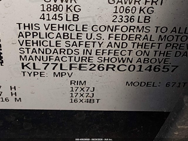 Продажа на аукционе авто 2024 Chevrolet Trax Fwd Sp, vin: KL77LFE26RC014657, номер лота: 45929589