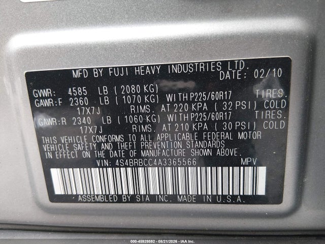 45929592 :رقم المزاد ، 4S4BRBCC4A3365566 vin ، 2010 Subaru Outback 2.5i Premium مزاد بيع