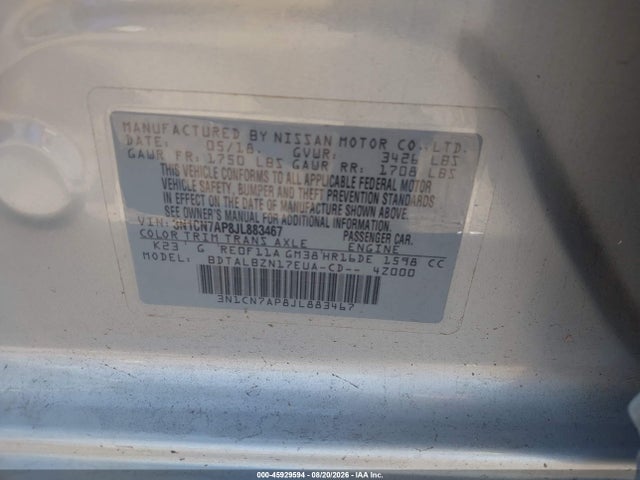 Продажа на аукционе авто 2018 Nissan Versa 1.6 Sv, vin: 3N1CN7AP8JL883467, номер лота: 45929594