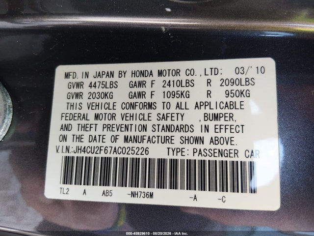 45929610 :رقم المزاد ، JH4CU2F67AC025226 vin ، 2010 Acura Tsx 2.4 مزاد بيع