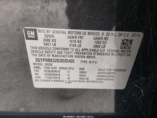 45929614 :رقم المزاد ، 3GYFNBE32GS505495 vin ، 2016 Cadillac Srx Luxury Collection مزاد بيع