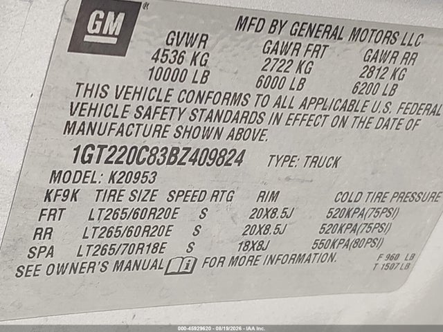 Aukcja sprzedaży 2011 Gmc Sierra 2500hd Sle, vin: 1GT220C83BZ409824, numer aukcji: 45929620