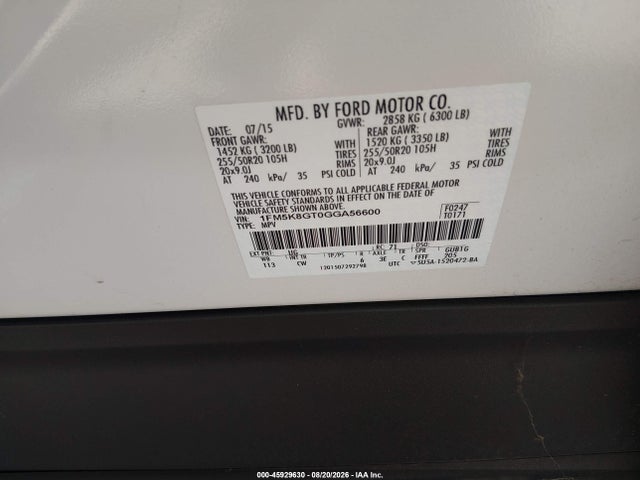 1FM5K8GT0GGA56600 Ford EXPLORER SPORT