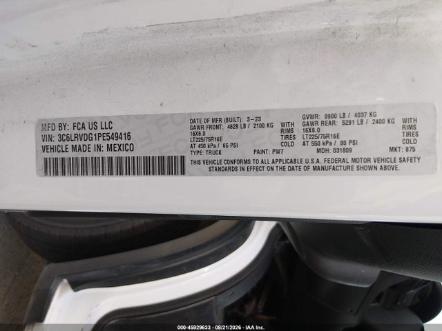 2023 Ram Promaster 2500 High Roof 159 Wb მანქანა იყიდება აუქციონზე, vin: 3C6LRVDG1PE549416, აუქციონის ნომერი: 45929633