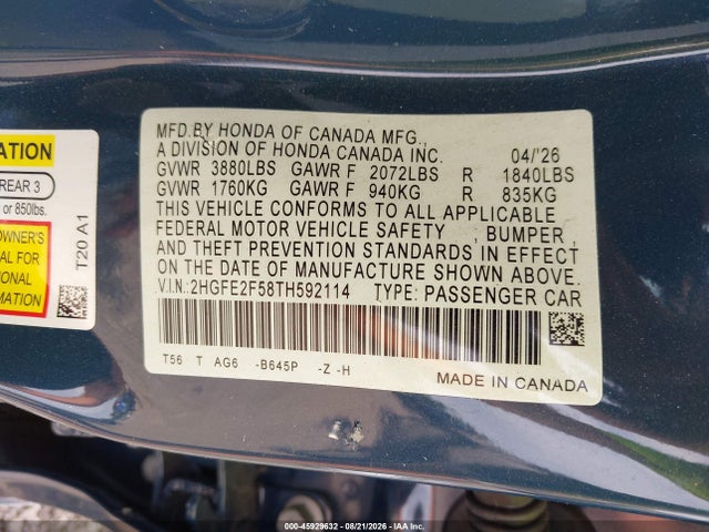 45929632 :رقم المزاد ، 2HGFE2F58TH592114 vin ، 2026 Honda Civic Sport مزاد بيع