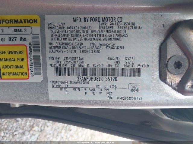 45929671 :رقم المزاد ، 3FA6P0HD8JR135120 vin ، 2018 Ford Fusion Se مزاد بيع