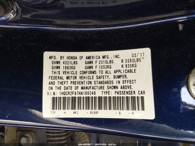 45929677 :رقم المزاد ، 1HGCR2F87HA166048 vin ، 2017 Honda Accord Ex-l مزاد بيع