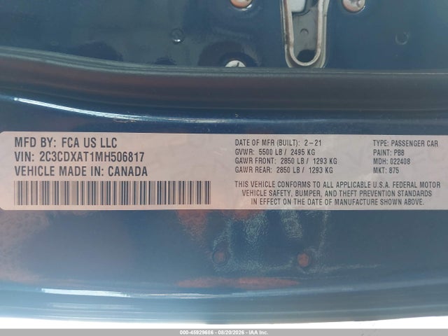 45929686 :رقم المزاد ، 2C3CDXAT1MH506817 vin ، 2021 Dodge Charger Police Rwd مزاد بيع