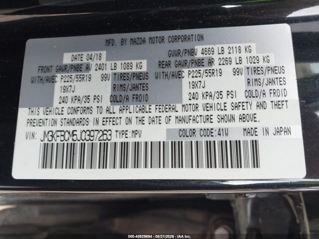 45929694 :رقم المزاد ، JM3KFBCM5J0397263 vin ، 2018 Mazda Cx-5 Touring مزاد بيع