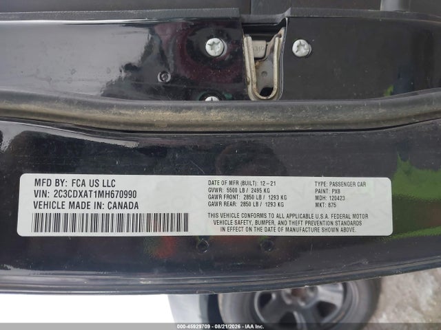 2021 Dodge Charger Police Rwd მანქანა იყიდება აუქციონზე, vin: 2C3CDXAT1MH670990, აუქციონის ნომერი: 45929709