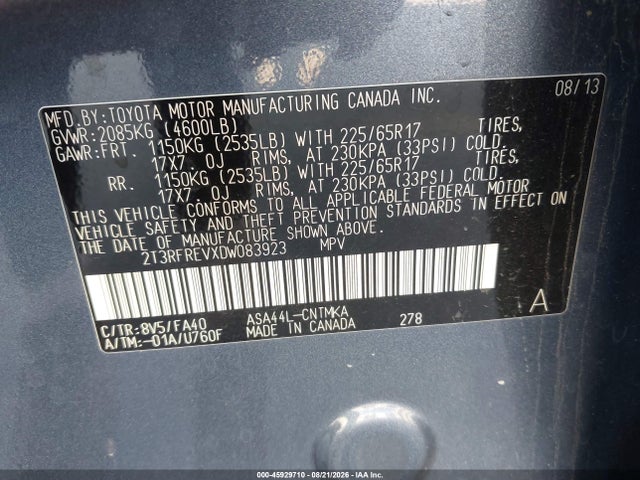 45929710 :رقم المزاد ، 2T3RFREVXDW083923 vin ، 2013 Toyota Rav4 Xle مزاد بيع