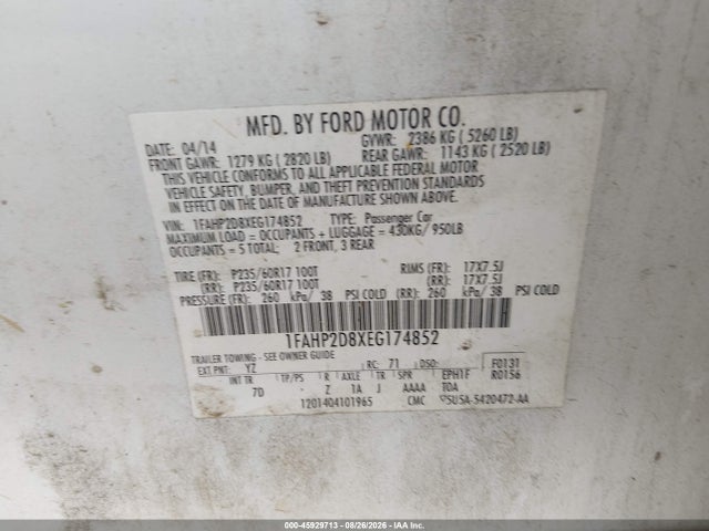Ford TAURUS SE 2014 1FAHP2D8XEG174852 Image 9