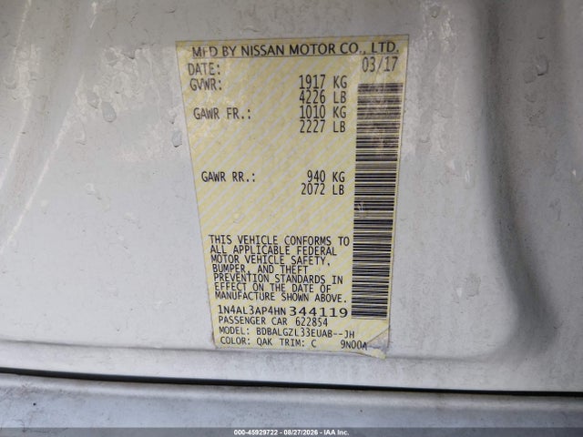 Aukcja sprzedaży 2017 Nissan Altima 2.5 S, vin: 1N4AL3AP4HN344119, numer aukcji: 45929722