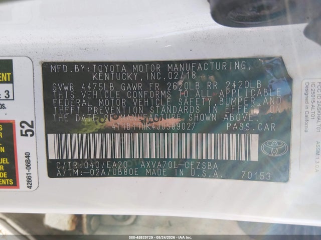 Продаж на аукціоні авто 2018 Toyota Camry Se, vin: 4T1B11HK4JU589027, номер лоту: 45929729