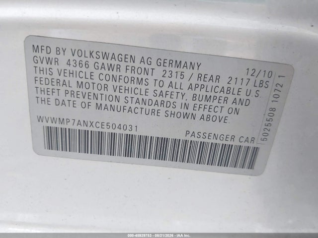 45929753 :رقم المزاد ، WVWMP7ANXCE504031 vin ، 2012 Volkswagen Cc Sport مزاد بيع