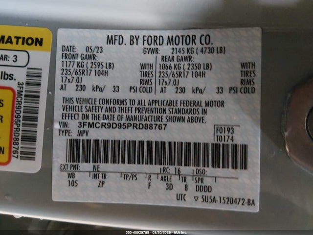 45929759 :رقم المزاد ، 3FMCR9D95PRD88767 vin ، 2023 Ford Bronco Sport Badlands مزاد بيع