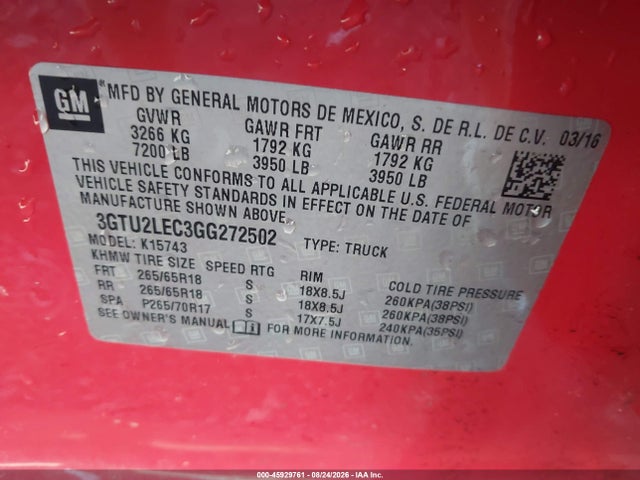 2016 Gmc Sierra 1500 მანქანა იყიდება აუქციონზე, vin: 3GTU2LEC3GG272502, აუქციონის ნომერი: 45929761