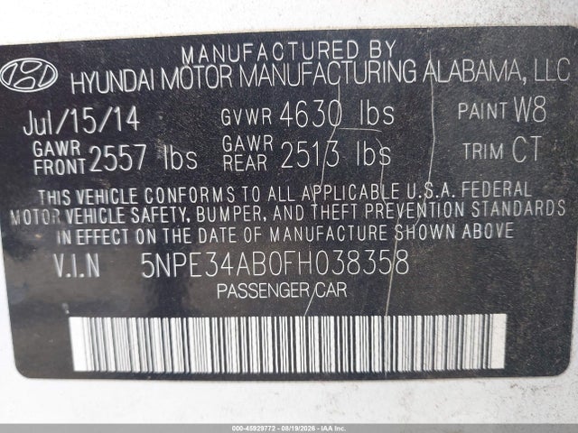 Продажа на аукционе авто 2015 Hyundai Sonata Sport 2.0t, vin: 5NPE34AB0FH038358, номер лота: 45929772