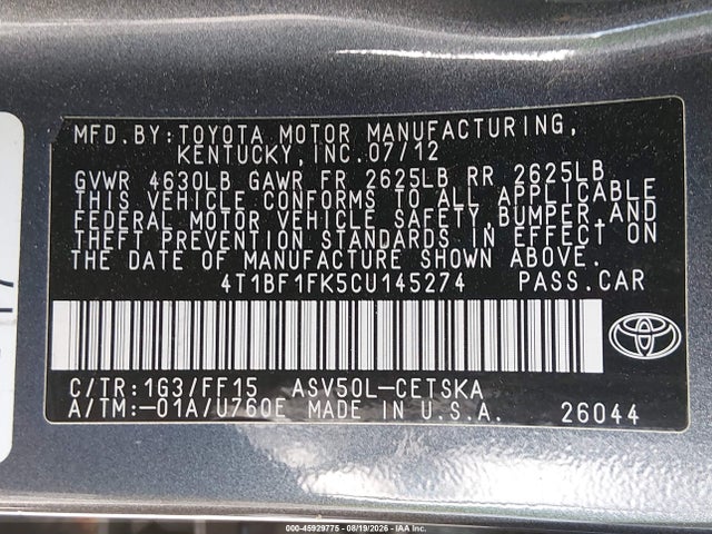 Aukcja sprzedaży 2012 Toyota Camry Se, vin: 4T1BF1FK5CU145274, numer aukcji: 45929775