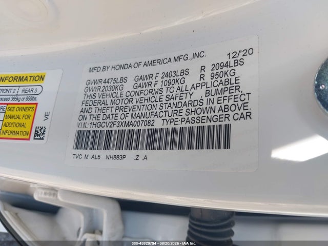 Aukcja sprzedaży 2021 Honda Accord Sport 2.0t, vin: 1HGCV2F3XMA007082, numer aukcji: 45929794