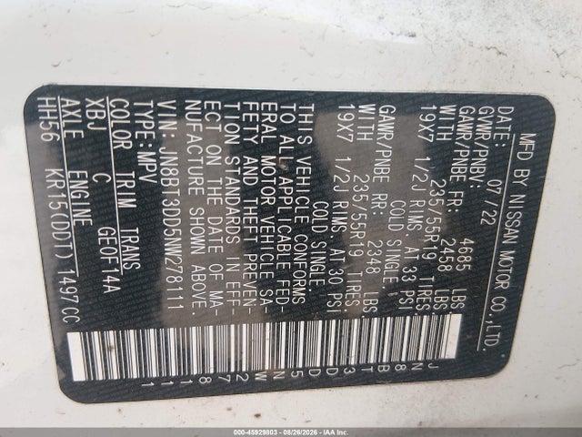 Продажа на аукционе авто 2022 Nissan Rogue Platinum Intelligent Awd, vin: JN8BT3DD5NW278111, номер лота: 45929803