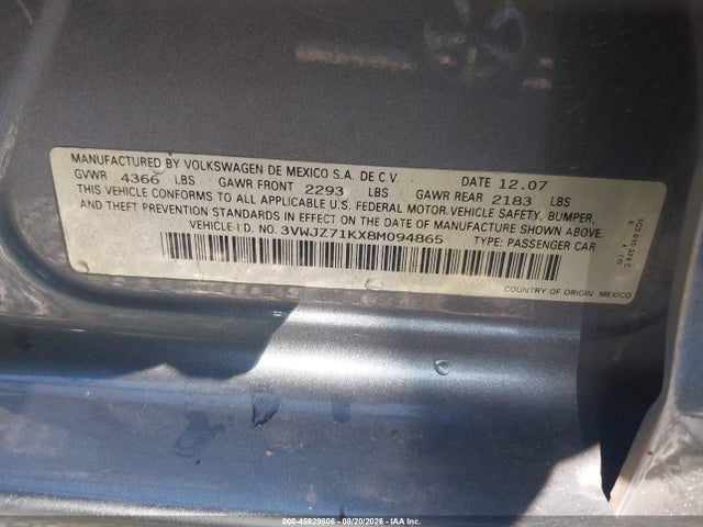 Продаж на аукціоні авто 2008 Volkswagen Jetta S, vin: 3VWJZ71KX8M094865, номер лоту: 45929806