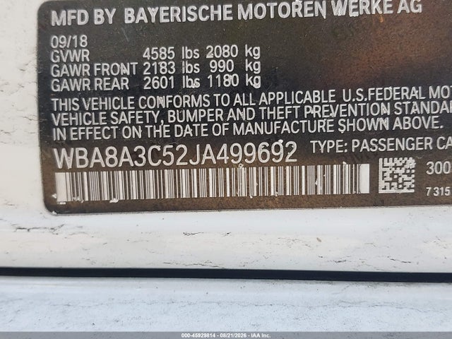Продаж на аукціоні авто 2018 Bmw 320i Xdrive, vin: WBA8A3C52JA499692, номер лоту: 45929814