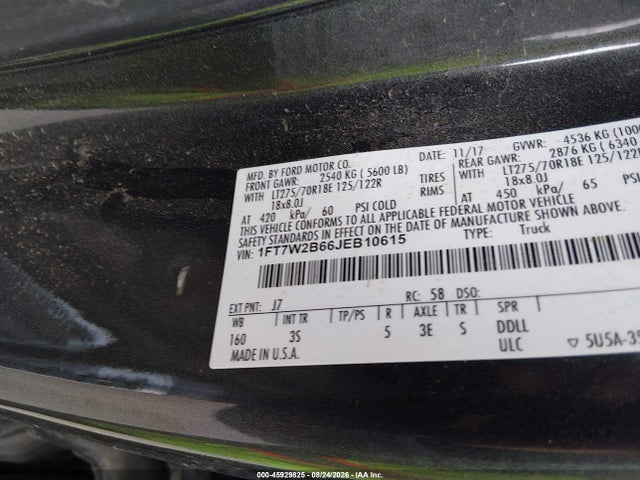 Aukcja sprzedaży 2018 Ford F-250 Xlt, vin: 1FT7W2B66JEB10615, numer aukcji: 45929825