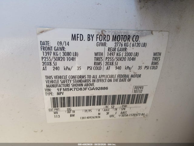 Ford EXPLORER XLT 2015 1FM5K7D83FGA92886 Image 9