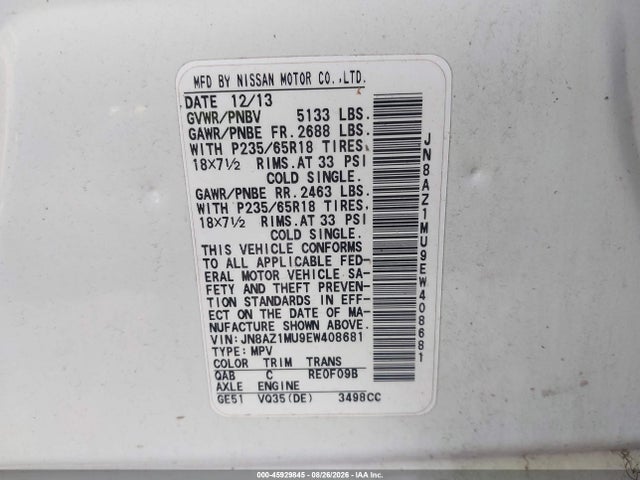 45929845 :رقم المزاد ، JN8AZ1MU9EW408681 vin ، 2014 Nissan Murano S مزاد بيع