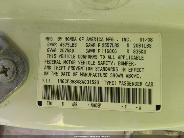 Aukcja sprzedaży 2008 Honda Accord 3.5 Ex-l, vin: 1HGCP36848A031590, numer aukcji: 45929854