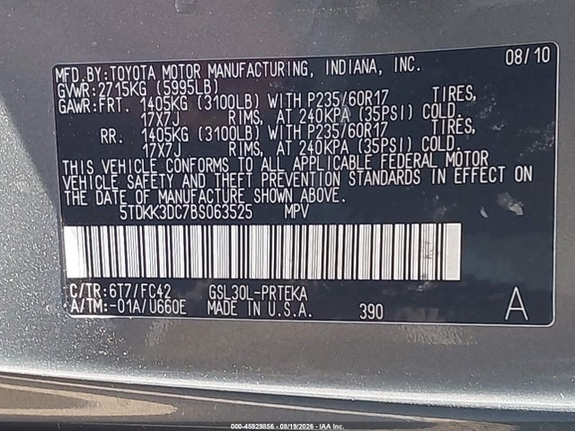 Aukcja sprzedaży 2011 Toyota Sienna Le V6, vin: 5TDKK3DC7BS063525, numer aukcji: 45929856