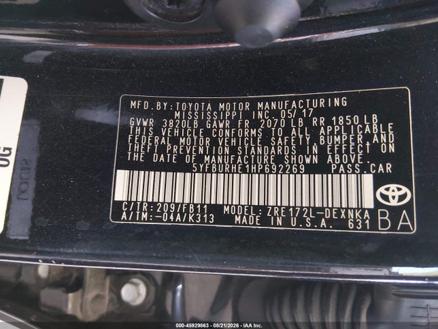 5YFBURHE1HP692269 Toyota COROLLA LE