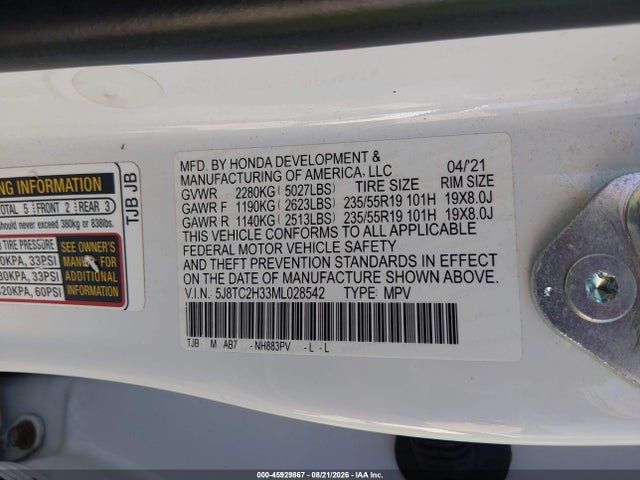 Auction sale of the 2021 Acura Rdx Standard, vin: 5J8TC2H33ML028542, lot number: 45929867