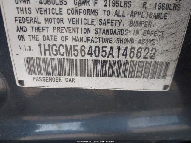 Продаж на аукціоні авто 2005 Honda Accord 2.4 Lx, vin: 1HGCM56405A146622, номер лоту: 45929877