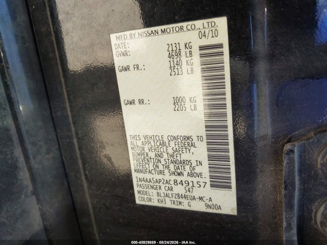 Продаж на аукціоні авто 2010 Nissan Maxima 3.5 Sv, vin: 1N4AA5AP2AC849157, номер лоту: 45929889