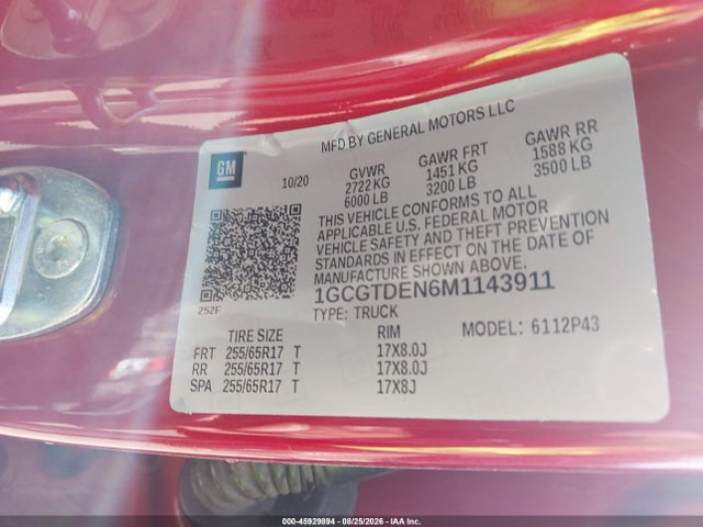 45929894 :رقم المزاد ، 1GCGTDEN6M1143911 vin ، 2021 Chevrolet Colorado مزاد بيع