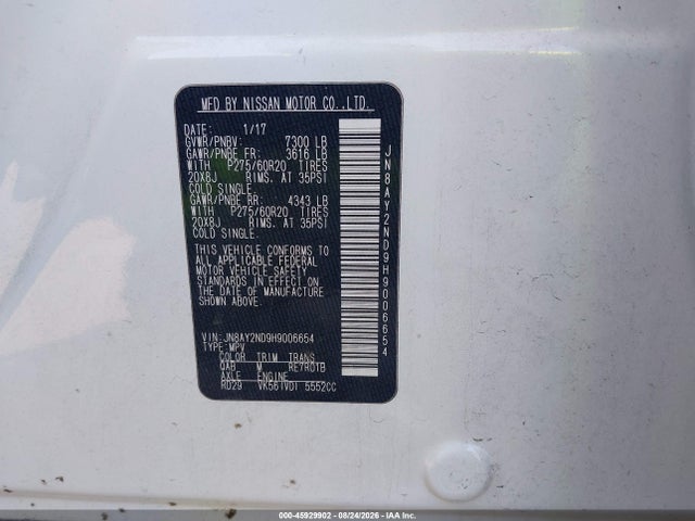 Aukcja sprzedaży 2017 Nissan Armada Sl, vin: JN8AY2ND9H9006654, numer aukcji: 45929902