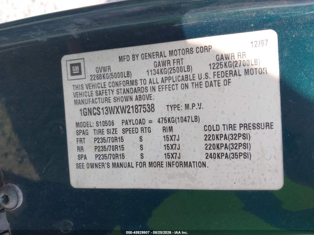 45929907 :رقم المزاد ، 1GNCS13WXW2187538 vin ، 1998 Chevrolet Blazer Ls مزاد بيع