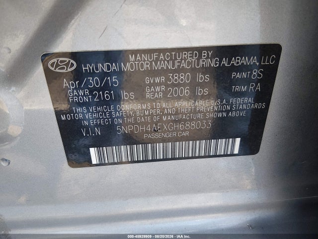 45929909 :رقم المزاد ، 5NPDH4AEXGH688033 vin ، 2016 Hyundai Elantra Se مزاد بيع