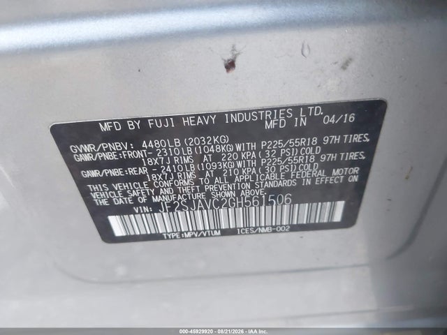 45929920 :رقم المزاد ، JF2SJAVC2GH561506 vin ، 2016 Subaru Forester 2.5i Touring مزاد بيع