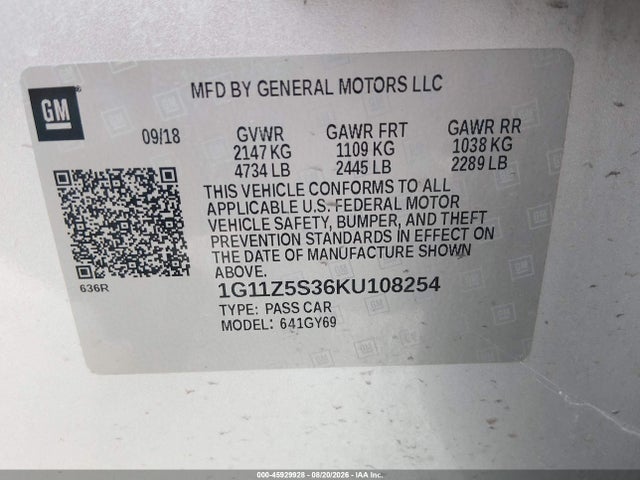 45929928 :رقم المزاد ، 1G11Z5S36KU108254 vin ، 2019 Chevrolet Impala Lt مزاد بيع