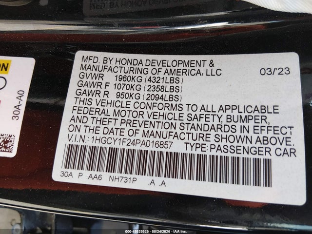2023 Honda Accord Lx მანქანა იყიდება აუქციონზე, vin: 1HGCY1F24PA016857, აუქციონის ნომერი: 45929929