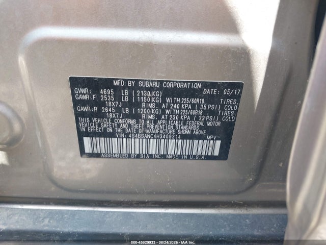 45929933 :رقم المزاد ، 4S4BSANC4H3409314 vin ، 2017 Subaru Outback 2.5i Limited مزاد بيع