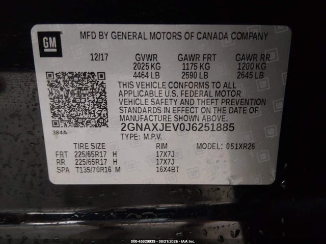Aukcja sprzedaży 2018 Chevrolet Equinox Lt, vin: 2GNAXJEV0J6251885, numer aukcji: 45929939