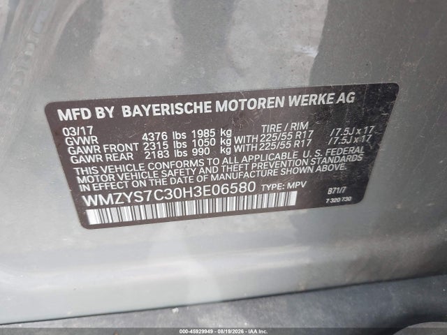 2017 Mini Countryman Cooper მანქანა იყიდება აუქციონზე, vin: WMZYS7C30H3E06580, აუქციონის ნომერი: 45929949