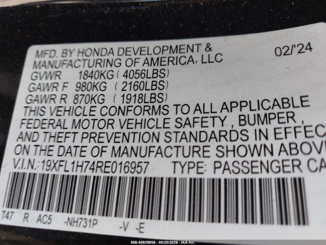 Aukcja sprzedaży 2024 Honda Civic Ex-l, vin: 19XFL1H74RE016957, numer aukcji: 45929956
