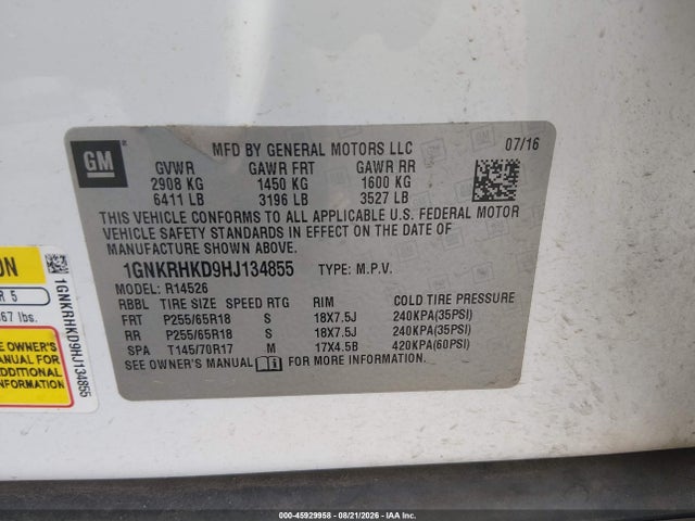 Aukcja sprzedaży 2017 Chevrolet Traverse 2lt, vin: 1GNKRHKD9HJ134855, numer aukcji: 45929958