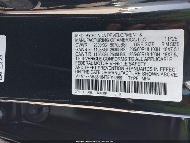 Aukcja sprzedaży 2026 Honda Cr-v Hybrid 2wd Sport-l, vin: 7FARS5H84TE014986, numer aukcji: 45929959