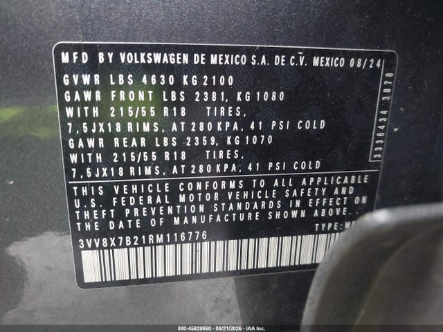 Продажа на аукционе авто 2024 Volkswagen Taos 1.5t S, vin: 3VV8X7B21RM116776, номер лота: 45929960